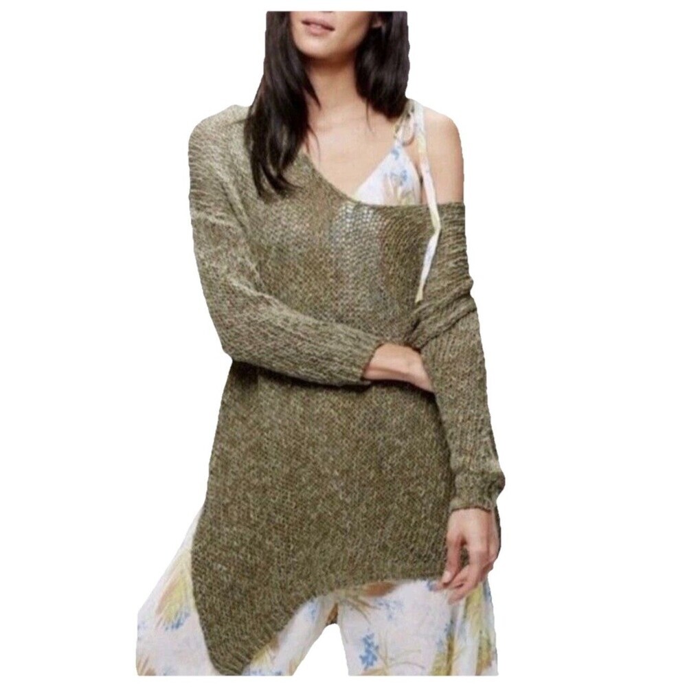 Free People Chunky Knit Oversized Boho Green Forest Sweater Womens Sz S Beach